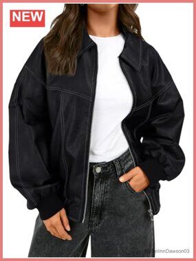 Faux Leather Oversized Zip Up Motorcycle Bomber Jacket Fall Winter